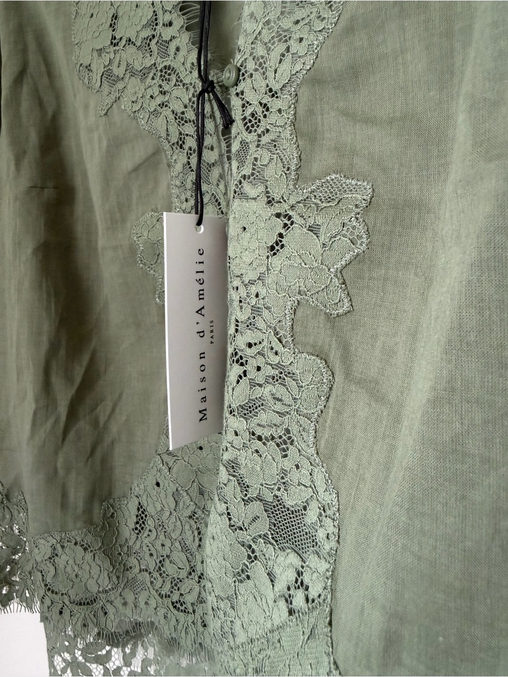 Olive Green cotton Lace-Trim Puff Sleeve short sleeve Blouse - Picture 5 of 7